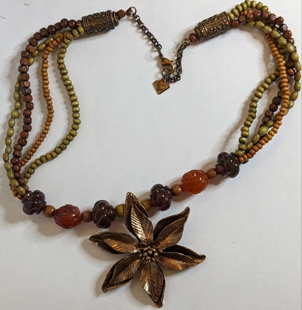 Vintage‎ Cookie Lee Bronze Floral Seed Beaded Pendant Statement Necklace